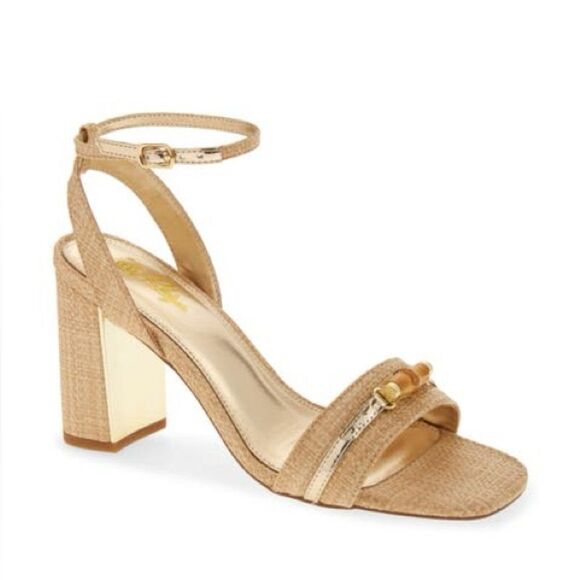 Lilly Pulitzer May Nude Bamboo Inspired Ankle Strap Block Heel Sandal Size 9 - Picture 9 of 9